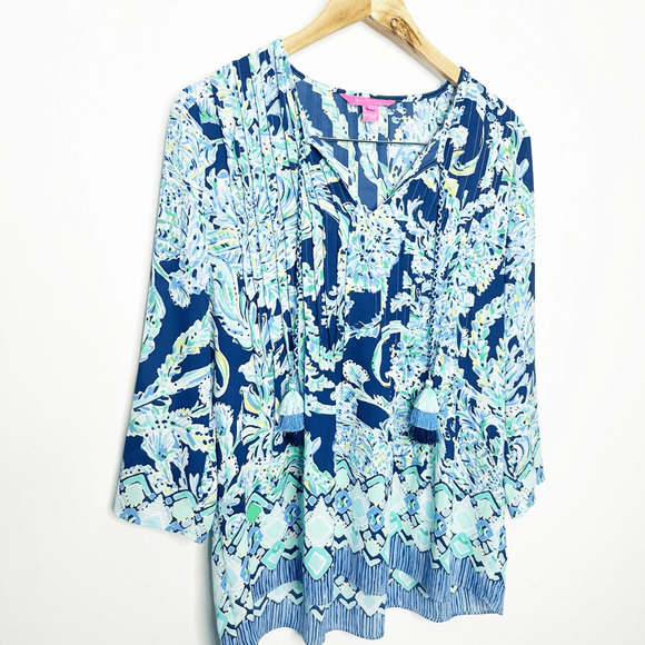 Lilly Pulitzer Marilina Tunic Womens XS Scuba Doo High Tide Navy 001471 tassles - Picture 3 of 7